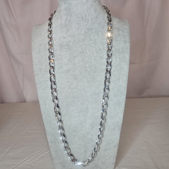 Vintage Monet Silver-Tone Long Chain Necklace – Textured Link Statement Layering - Picture 3 of 4